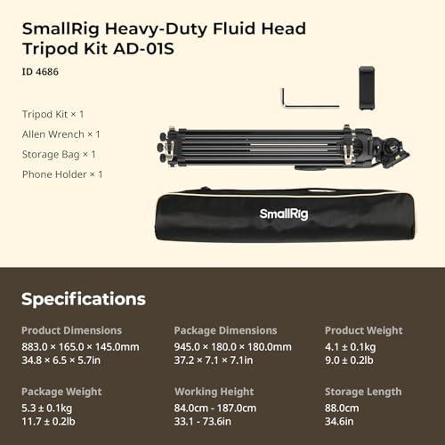 SmallRig AD-01S Video Tripod, 74" Heavy Duty Tripod with Pan and Tilt Fluid Head, Dual-Mode Quick Release Plate, Load up to 13.2lb / 6kg for DSLR, Camcorder, Cameras - style: AD-01S