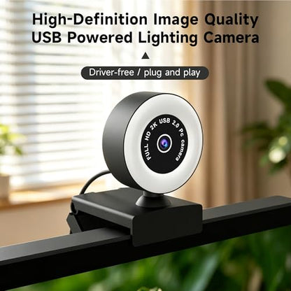 USB HD 2K Video Webcam，with Ring Ligh and Microphoneand Rotatable Tripod& Privacy Cover for PC，, Fast AutoFocus，with Auto White Balance for Video Calls, Live Streaming Gaming & Online Meetings