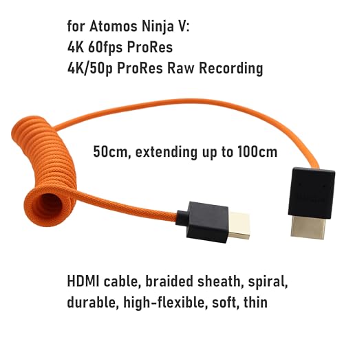 HDMI 8K 4K Cable for ATOMOS Ninja V Shinobi, Sony FX3 A7RV, Canon R5II Lumix Nikon Z6III, BMPCC6K, TV Computer Camera Monitor Gimbal FEELWORLD Portkeys SmallHD, Down Angled, 50cm Spiral - size: Down Angled to Straight