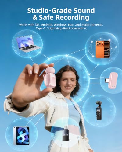 mini 2 Wireless Lavalier Microphones for iPhone 16/17 & Android, AI Noise Cancellation, App Control, 30H Battery with Charging Case, Lapel Microphone Wireless for Video Pink - color: Pink