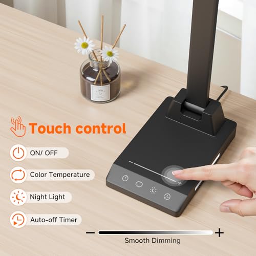 ShineTech LED Desk Lamp with USB-C Charging Port, Dimmable Desk Lamp for Home Office, Eye-Caring Reading Lamp with 25 Lighting Modes, Small Desk Light for Bedroom Nightstand with Adapter - color: Black