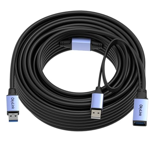OkyLink Active USB 3.0 Extension Cable A to A, Male to Female 50ft | 15m, 3.2 Gen1, with Power Cable, 5Gbps, Plug and Play,for Long Range CCTV, Industrial Use - color: USB3.0(5Gbps), size: 50ft (15m)