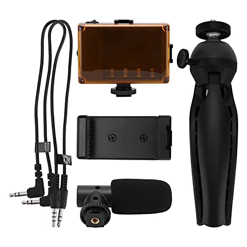 Portable Live Video Kit Mobile Phone Photography Set with Fill Light Microphone Tripod Phone Holder for Vloggers Content Creators (Black) - color: Black