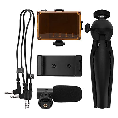 Portable Mobile Phone Photography Kit with Fill Light Microphone Tripod Red - Compact Vlogging Microphone Kit, Recording Equipment for Content Creator and Live Streaming (Black)