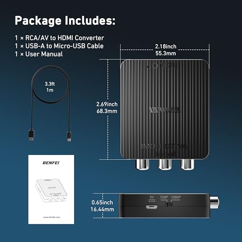 BENFEI RCA to HDMI Converter, 1080P Composite CVBS AV to HDMI Adapter Supporting PAL/NTSC for WII/WII U PS3/PS2 Xbox N64 SNES VHS VCR STB Blue-Ray DVD Players