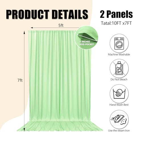 10ft x 7ft Light Green Backdrop Curtains for Parties, Fabric Satin Background Curtain with Rod Pockets for Weddings, Birthday, Baby Shower, Photography, Graduation Party Backdrop Drapes, 2 Panels - color: Light Green