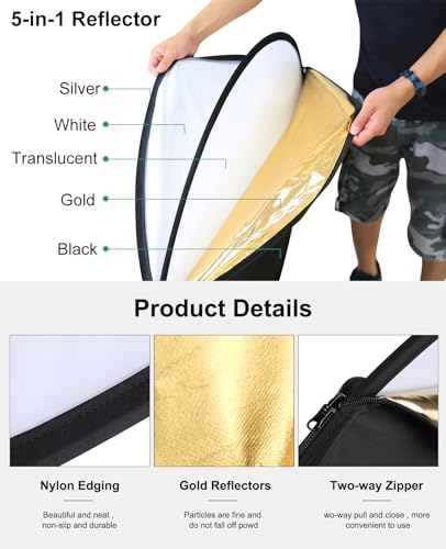 PULUZ 5-in-1 Collapsible Reflector for Photography - 24” (60cm) Light Reflector with Storage Bag Kit for Studio Photography Lighting Outdoor (Silver/Translucent/Gold/White/Black)