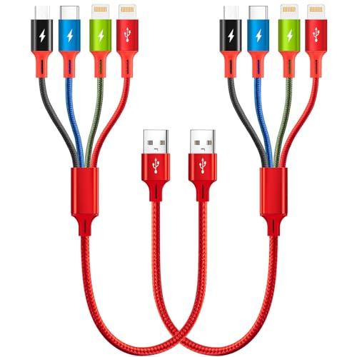 Short Multi Charging Cable, 1Ft/2Pack Multi Charging Cord, 4 in 1 Multiple USB Charger Cable,Fast Charging with IP/Type C/Micro USB Ports for Cell Phones/iPhone Series/Tablets/Galaxy/PS and More - size: 1 ft