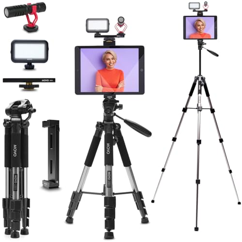 Movo Tablet Vlogging Kit for iPad Pro, Air, Mini & Android Tablets – Full-Size Tripod, Mic, LED Light & Tablet Mount – YouTube Starter Kit for Content Creators