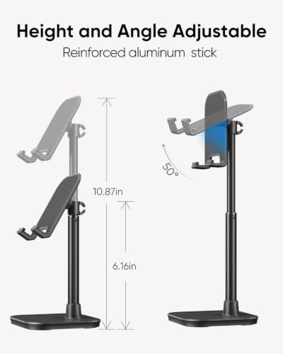 Cell Phone Stand, Adjustable Height Phone Stand for Desk, Eye Level Desktop Phone Holder Compatible with iPhone, Pro Max, Samsung, and All Mobile Phones up to 10'' - color: Black