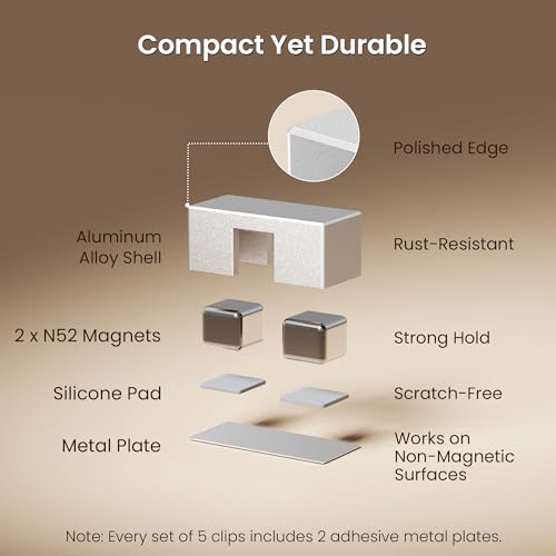Magnetic Charger Cable Clips 5Pack for Metal Surfaces,USB C Charging Metal Cord Holder with Strong Neodymium Magnet Cable Organizer,Reusable Wire Keeper for Desk,Office,Nightstand,File Cabinet,Silver