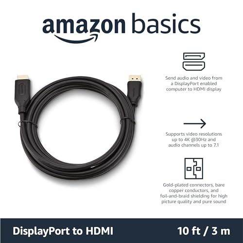 Amazon Basics DisplayPort to HDMI Display Cable, Uni-Directional, 4K@30Hz, 1080P Full HD, 1920x1200, Gold-Plated Plugs, Durable & Flexible, 10 Foot, Black, 5-Pack - size: 10 Feet, style: 5-Pack