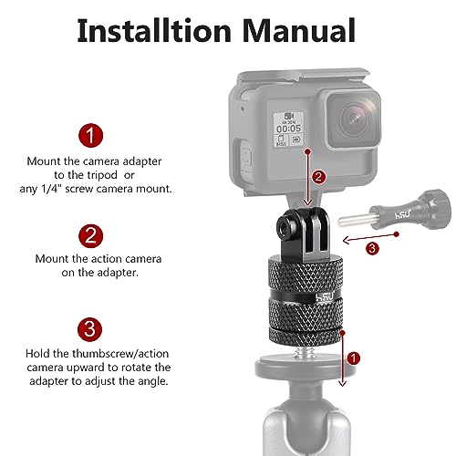 HSU Aluminum 1/4 inch 20 Camera Mount, 360 Degree Rotation Tripod Adapter Fits GoPro Hero, DJI Osmo Action Camera Insta360 Ace Pro AKASO Campark and Other Standard 1/4 Accessories