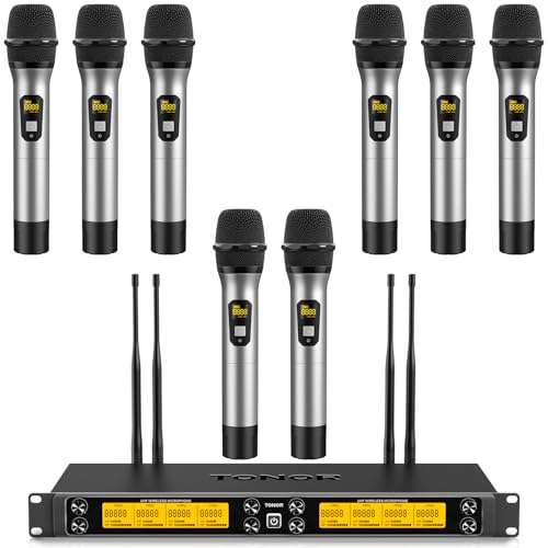 TONOR Wireless Microphones System, 8 * 12 Channel Metal Professional UHF Cordless Dynamic Handheld Mics with Receiver for Home Karaoke, Meeting, Party, Church, Wedding, KTV, 90 m/295ft, TW-880 Silver - color: Silver, style: 8 Mics