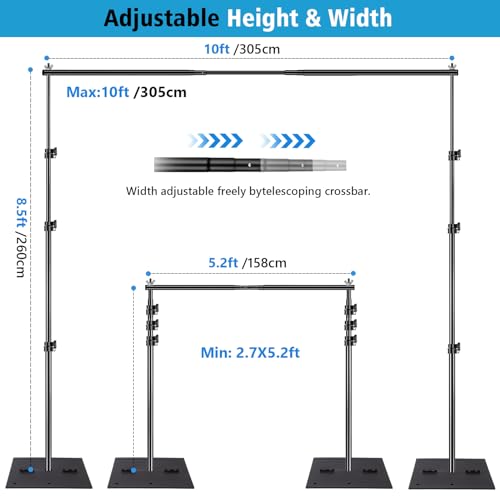SLOW DOLPHIN Heavy Duty Backdrop Stand10ft x 8.5ft Adjustable Background Support System Kit with Steel Base for Photography, Photo Backdrop Stand for Parties Birthday, Photo Booth Video Studio