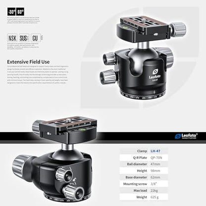 LEOFOTO LH-47 Camera Tripod Ball Head Mount, 98mm Aluminium Ball Head with 1/4" Quick Release Plate, 360 Degree Rotating & Panoramic Base, 3/8" Mounting Screw for Tripod/Monopod/Slider, Max Load 48lb - color: Knob Release, 98mm, with QR Plate, Max Load 48