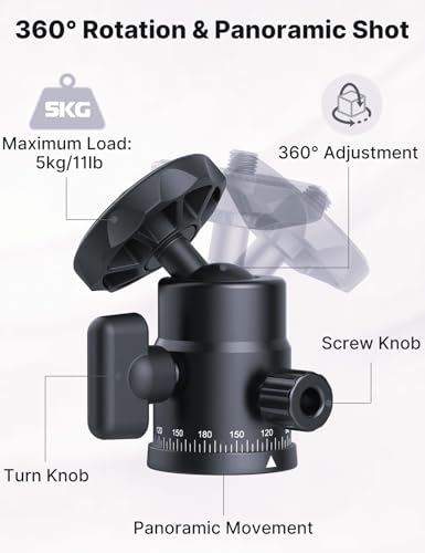 Mini Ball Head Tripod Mount for Camera, 360° Rotating Panoramic Head w Dual Hot Shoe Cold Shoe Adapter, 1/4" Thread for DSLR Mirrorless Phone Action Cam Flash Mic Monitor Light, 5.5 Lbs Max Load