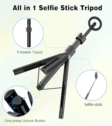 TONEOF 68" Magnetic Selfie Stick Tripod with Aluminum Strong Magnetic Holder for Magsafe, 360° Rotatable Travel Phone Tripod Stand with Metal Ring & Rechargeable Remote for iPhone/Android（Black） - color: Black