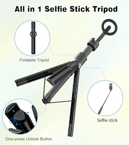 TONEOF 68" Magnetic Selfie Stick Tripod with Aluminum Strong Magnetic Holder for Magsafe, 360° Rotatable Travel Phone Tripod Stand with Metal Ring & Rechargeable Remote for iPhone/Android（Black） - color: Black