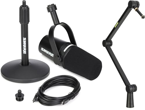 Shure MV7+ Hybrid Podcast Microphone with Adjustable Boom Arm Stand - USB & XLR Connectivity for Streaming, Recording, and Podcasting