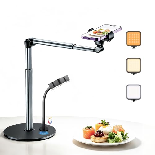 Overhead Phone Mount with Rechargeable & Gooseneck Light for Cooking Videos, Adjustable Desk Stand for Content Creators, Tripod for Hands-Free Video Recording, Compatible with Smart Phones