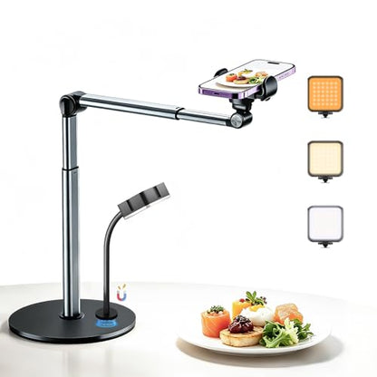 Overhead Phone Mount with Rechargeable & Gooseneck Light for Cooking Videos, Adjustable Desk Stand for Content Creators, Tripod for Hands-Free Video Recording, Compatible with Smart Phones