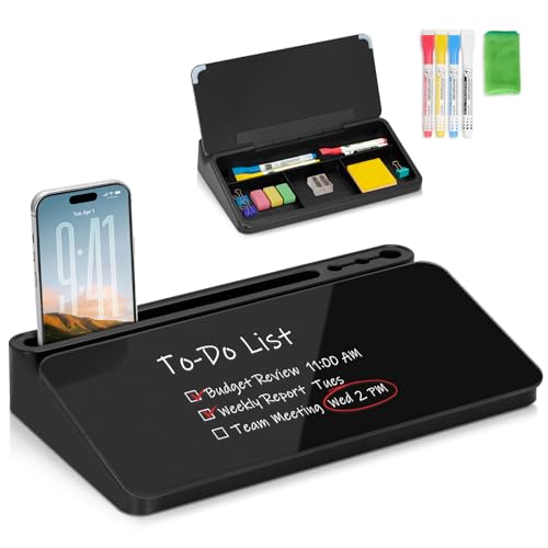 WALGLASS Small Desktop Whiteboard with Storage, Glass Desk Dry Erase White Board Computer Keyboard Phone Pad Stand with Drawer, Desk Organizers with Accessories for Office, Home, School Supplies Black - color: Black