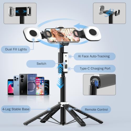 Auto Face Tracking Tripod for iPhone, Android & Camera, 60" Extendable Selfie Stick Tripod with Light and Remote, No App, 360° Rotation Phone Holder for TikTok, YouTube, Vlog, Live Streaming - style: update