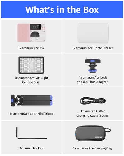 amaran Ace 25c Kit RGB Pocket LED Light,Boost Mode to 32W Mini On Camera Video Light,2300K~10000K Support Magnetic Attraction and App Control with Carrying Case,Mini Tripod,Grid (Pink) - color: Pink