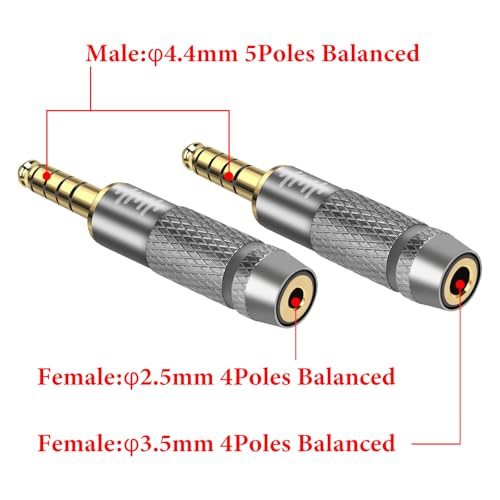GEEKRIA 4.4mm Male to (1/8'') 3.5mm/2.5mm Balanced Female Headphones Adapter, Aluminum Alloy Conversion Audio Plug, Gold Plated (2 Pack) - size: 5 cm X 0.92