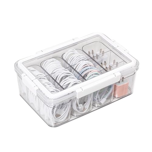 Large Cable Storage Box with Lid, Plastic Power Cords Organizer for Desk Drawer, Clear Home Office Container for Cell Phone Charger, Art Crafts and Stationery - size: 1 Large Box + 4 Small Boxes