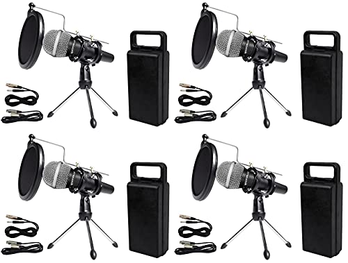 Rockville Podcasting Bundle: (4) RMC-XLR Dynamic Handheld Microphones, All-Metal Build with (4) RTMS21 Tripod Stands, Pop Filters, Shock Mounts, (8) XLR Cables, 8-Items