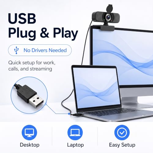 1080P Webcam with Microphone, USB Camera for PC and Laptop, Privacy Cover | For meetings, remote work, classes, streaming, and video calls; includes 105° wide view, privacy cover, and mini tripod