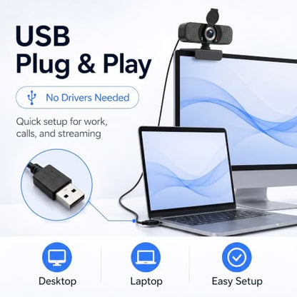 1080P Webcam with Microphone, USB Camera for PC and Laptop, Privacy Cover | For meetings, remote work, classes, streaming, and video calls; includes 105° wide view, privacy cover, and mini tripod