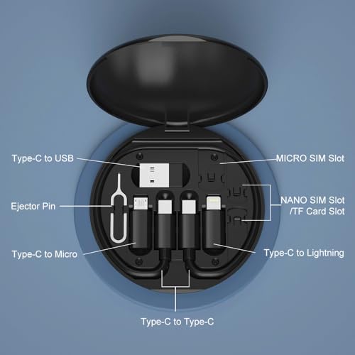 YANZIE USB Adapter Kit, Travel Charging Organizer Case with USB C, Micro USB and Lightning-Compatible Adapters, SIM Card Holder, Eject Pin and Phone Stand for Travel, Office and Car, Black - color: Black