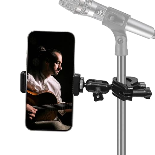 Mic Stand Phone Holder Mount Adjustable Phone Holder for Mic Microphone Music Stand [Dual Ballhead 360°Swivel] iPhone Mic Stand Holder for iPhone 15 14 13 12 Pro Max Samsung Galaxy, Any Smartphones - style: One Pack