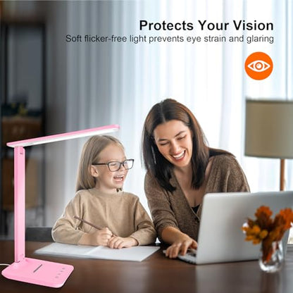 shinelife LED Desk Lamp for Office Home, Bright Desk Light with USB Charging Port, Adjustable Dimmable Desk Lamps 5 Modes 5 Brightness, Touch Study Lamp for Nail, Craft, Puzzle, Sewing, Study, Pink - color: Pink