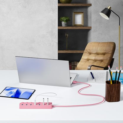 ONFINIO USB Hub 3.0, 7-Port USB Hub Splitter with Individual On/Off Switches and Lights, 3.2ft/1m Long Cable Compatible with MacBook, Laptop, Surface Pro, PS4, PC, Flash Drive, Mobile HDD-Pink - color: Pink