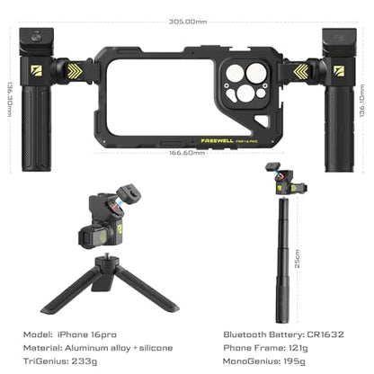 Freewell Genius Rig Cage for iPhone 16 Pro - Magnetic Filter Slot & 17mm Lens Mount, Tool-Free Setup, Multifunctional Tripod/Monopod Handle, Bluetooth Remote - style: 16 Pro