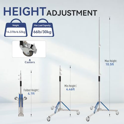 Heavy Duty Light Stand with Caster - 10.5ft/320cm Adjustable Light Stand with Stainless Steel, High Stability and Mobility Light Stand Photography for Strobe Light, Softbox, Reflector
