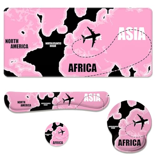 Pink World Map Desk Mat Set Travel Route Large Mouse Pad with Wrist Rest 4in1 Desk Mat for Desktop Ergonomic Keyboard Wrist Support Anti-Slip Computer Ergonomic Mouse Pad Home Office Gaming - color: Pink World Map
