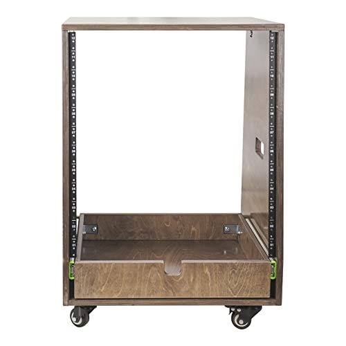 Sound Town 12U DIY Solid Baltic Birch Plywood Slanted Studio Rack with 12U Rack Space, Extra 2U Drawer, Rubber Feet, Casters, Weathered Brown (SDRK-12TBD2) - size: 12U, Weathered Brown, Slanted w/ Drawer