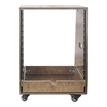 Sound Town 12U DIY Solid Baltic Birch Plywood Slanted Studio Rack with 12U Rack Space, Extra 2U Drawer, Rubber Feet, Casters, Weathered Brown (SDRK-12TBD2) - size: 12U, Weathered Brown, Slanted w/ Drawer