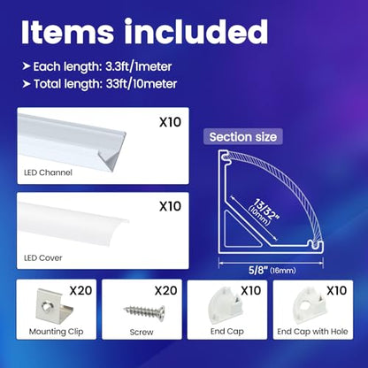 Muzata 10Pack 3.3FT/1M V Shape LED Channel Silver Aluminum LED Strip Diffuser Channel with Milky White Cover Frosted Corner Lighting Easy Installation V1SW WW 1M - size: 10P