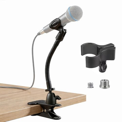 ROCKFREE Microphone Stand with 360° Rotating Base,Heavy-Duty Desk Clamp,8" Flexible Gooseneck Mic Mount,Includes 1/4" to 3/8" & 5/8" Metal Adapters for Shure,Fifine,HyperX,AT2020,Blue Snowball,Razer