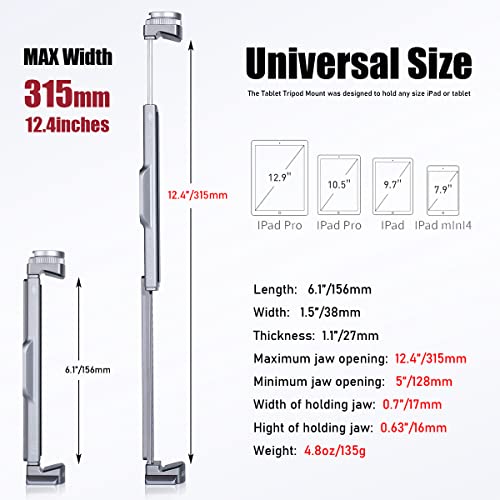 Full Metal Tablet Tripod Mount 7.9 -12.9 Inch Tablet Holder Horizontally & Vertically Position with 1 Rotatable Cold Shoe, 2 Arca Swiss Plate for iPad Video Camera Vlog Shooting Live Streaming