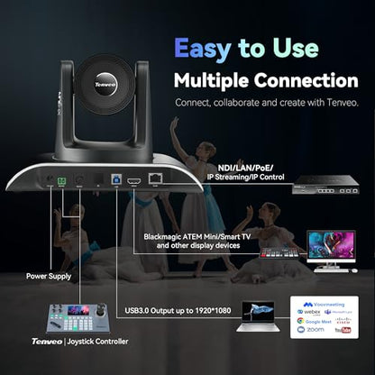 Tenveo NDI PTZ Camera AI Humanoid & Face Auto-Tracking, HDMI/LAN/USB3.0 PoE PTZ Camera 20X Optical Zoom IP Live Streaming, FHD 1080P 60FPS, for Church Services Worship Video Conference Live Streaming - color: Glossy Black