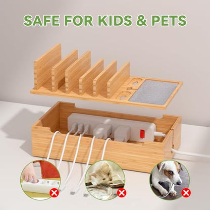 Pezin & Hulin Cell Phone Charging Station for Multi Devices, All in One Desktop Charger Organizer, with Power USB Charge Adapter and 6 Cables, Use As Power Strip Hidden Box -Natural Bamboo Color - color: Natural