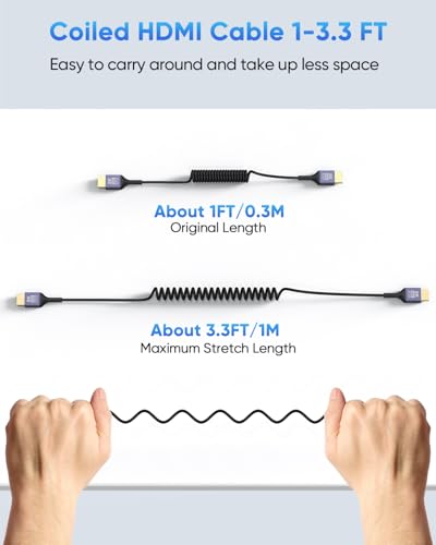 8K Coiled HDMI Cable 1FT-3.3FT, Short HDMI Cable Coiled [Aluminum Shell] Supports 8K@60Hz, 4K@240Hz, 48Gbps, eARC, Dynamic HDR Compatible with Camera/Camcorder/Field Monitor/Laptop/HDTV/PS5