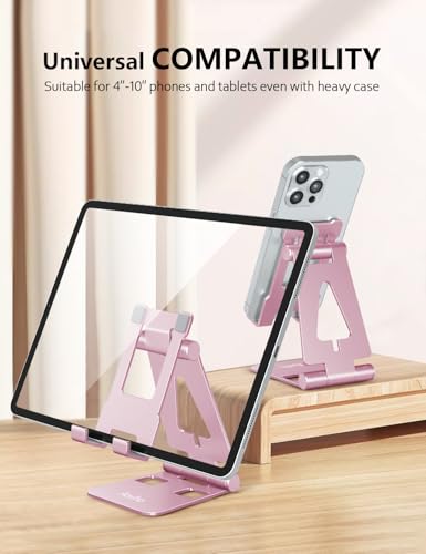 Aoviho Foldable Cell Phone Stand for Desk, Adjustable Phone Holder for Office, Video Calls and Streaming, Portable Desktop Phone Dock Compatible with iPhone 17 16 15 14, Samsung Galaxy, Pink - color: Pink